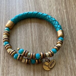 Alex and Ani Vintage Sixty-Six teal braided leather and beaded wrap bracelet